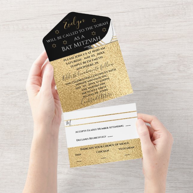 Bar Bat Mitzvah All in One Invitation Elegant Gold (Tearaway)