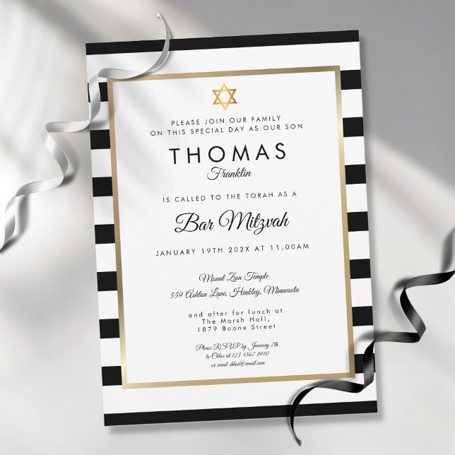 Bar, Bat Mitzvah Classic Black White Stripe Gold  Invitation (Creator Uploaded)