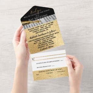 Bar Bat Mitzvah Gold and Black All In One Invitation