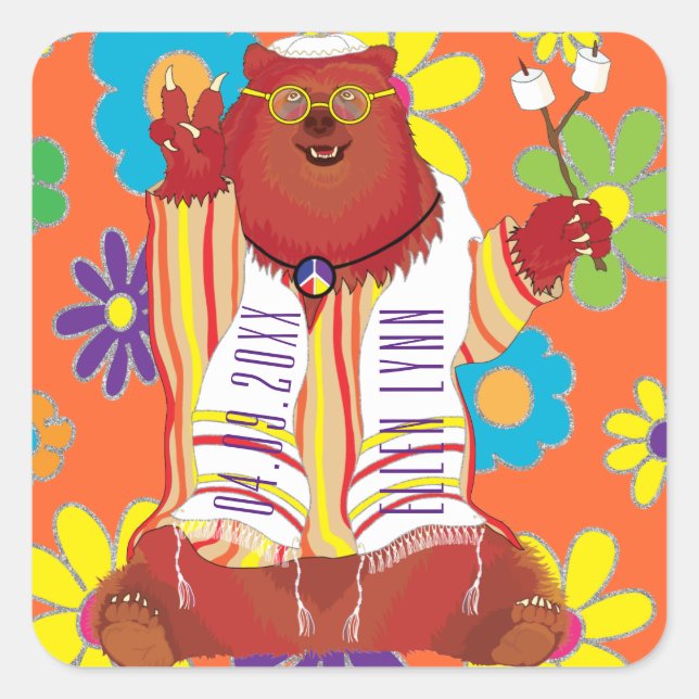 Bar Bat Mitzvah Hippie Happy Bear Square Sticker (Front)