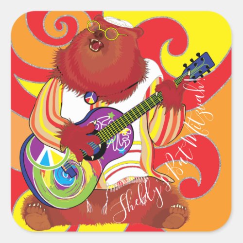 Bar Bat Mitzvah Hippie Singing Bear Square Sticker
