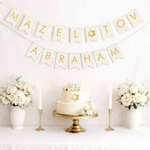 Bar Bat Mitzvah Ivory Gold Star Mazel Tov 7 Letter Bunting Flags