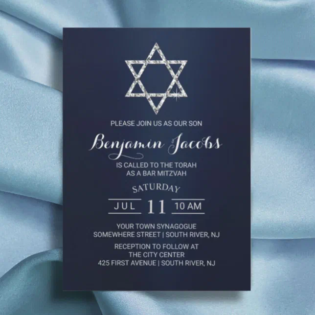 Bar Bat Mitzvah Modern Navy Blue Star of David Invitation | Zazzle