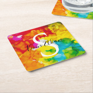 Bar Bat Mitzvah Splash Color Square Paper Coaster