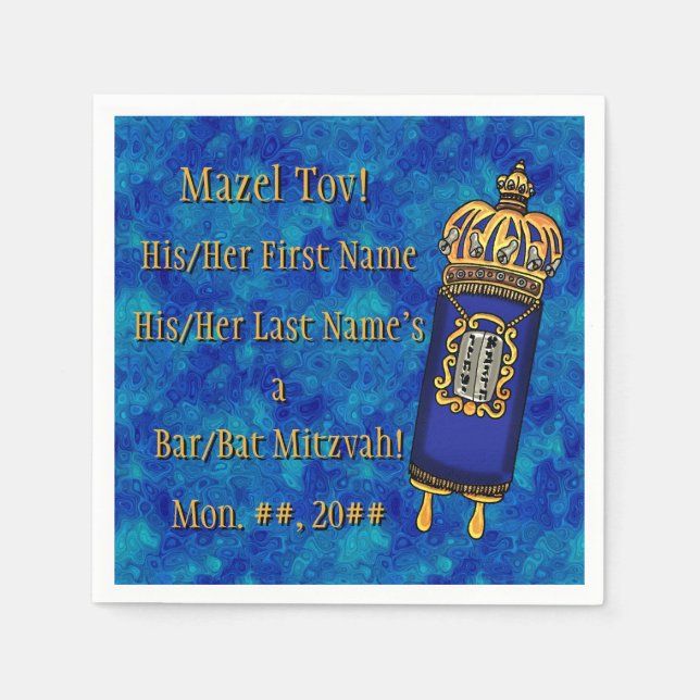 Bar-Bat Mitzvah Torah on Blue Marble Personalized Napkins (Front)