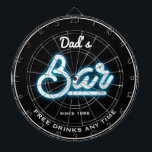 Bar Dad's Any Name Blue Neon Effect Funny Slogan   Dart Board<br><div class="desc">Dad's or any name bar with blue neon effect script on a black background. Just use the "personalize this template" option to change the text. Free drinks any time typography with any date.</div>