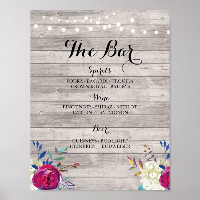 Bar Gray Wood Pink Floral Sign Wedding Reception (Front)