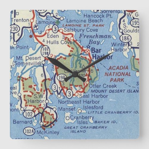 Bar Harbor and Acadia National Park Map Square Wall Clock