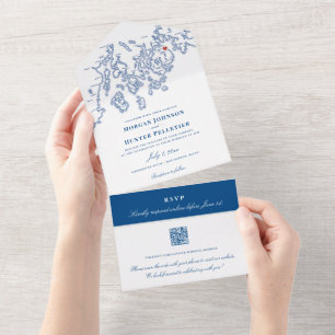 Bar Harbor Elegant Navy QR Wedding All In One Invitation