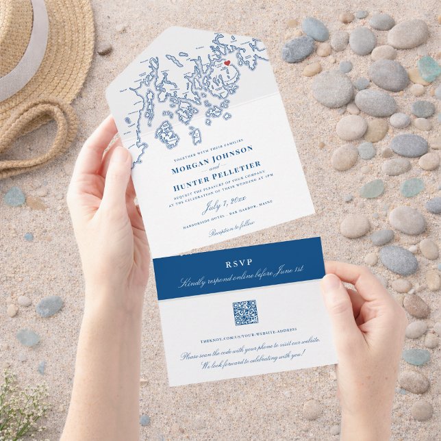 Bar Harbor Elegant Navy QR Wedding All In One Invitation (Bar Harbor Maine All in One Wedding Invitation with Penobscot Bay Map by Coastal Map Designs)