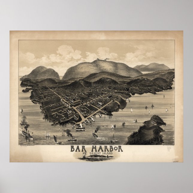 Bar Harbor Maine 1886 Antique Panoramic Map Poster (Front)