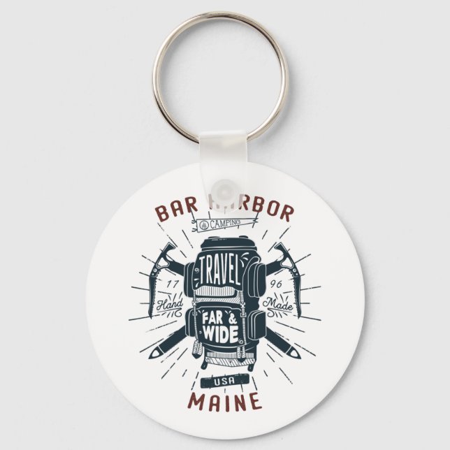 Bar Harbor Maine Backpack Gear Retro Travel Keychain (Front)