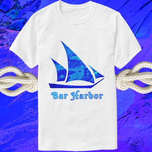 Bar Harbor Maine Blue Watercolor Sailboat T_Shirt