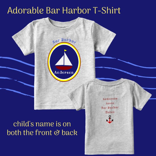 Bar Harbor Maine Cute Sailboat with Child's Name Baby T-Shirt (Creator Uploaded)