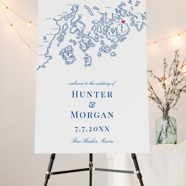 Bar Harbor Maine Elegant Navy Wedding Welcome Sign (In Situ (Stand))