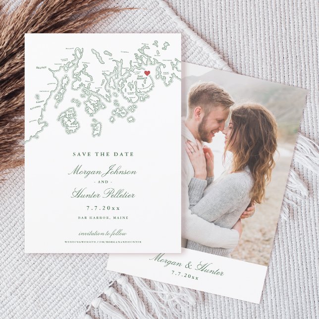 Bar Harbor Maine Map Hunter Green Photo Save The Date (Bar Harbor Maine Map Elegant 5x7 Photo Save the Date in hunter green from Penobscot Bay Shop)