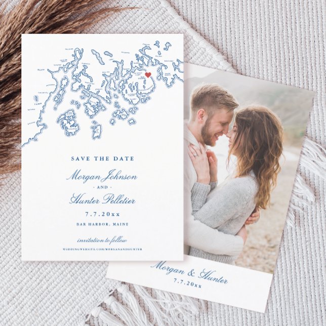 Bar Harbor Maine Map Navy Blue Photo Save The Date (Bar Harbor Maine Map Elegant 5x7 Photo Save the Date in navy blue from Penobscot Bay Shop)