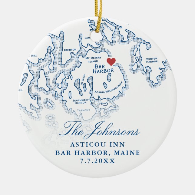 Bar Harbor Maine Map Wedding Photo Christmas Ceramic Ornament (Front)