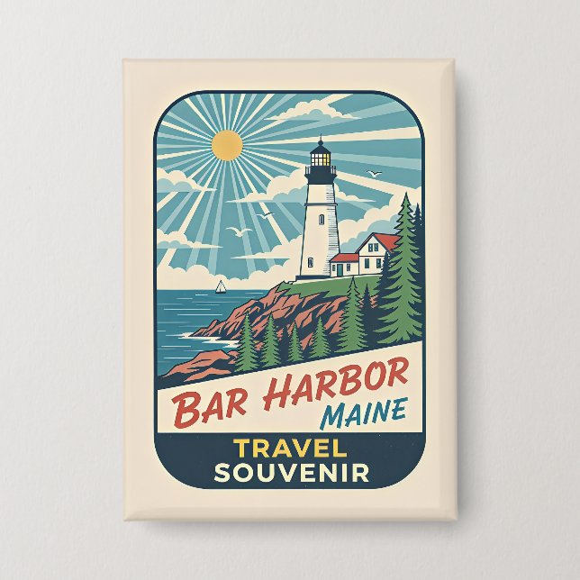Bar Harbor, Maine Retro Lighthouse 1950s Button (Front)