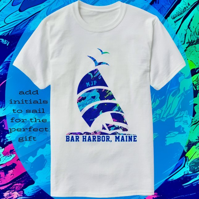 Bar Harbor Maine Sailboat Vacation T-Shirt (Bar Harbor, Maine Vacation Souvenir. Add initials to sail.)