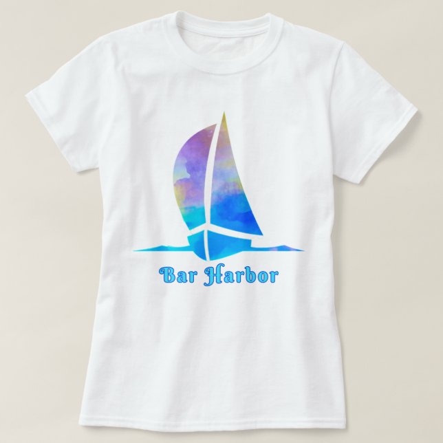Bar Harbor Maine Watercolor Ocean Sailboat T-Shirt (Design Front)
