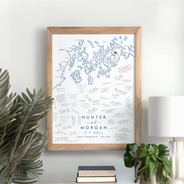 Bar Harbor Maine Wedding Modern Guest Book Poster (Bar Harbor Maine Map Wedding Alternative Guest Book Poster in Modern Navy Blue )