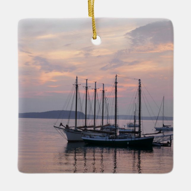 Bar Harbor Ships at Sunrise II Ceramic Ornament (Front)
