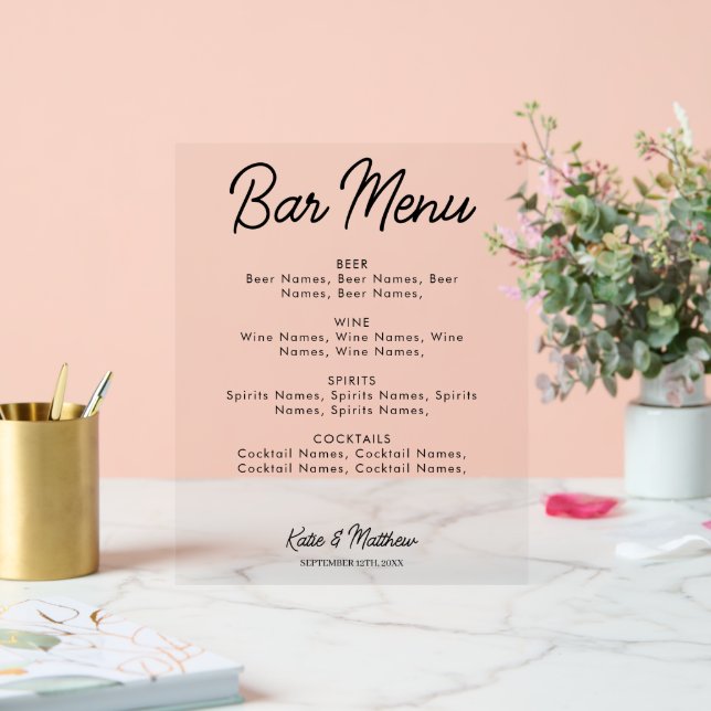 Bar Menu Alcohol Drinks Wedding Minimalist Acrylic Sign (Wedding)