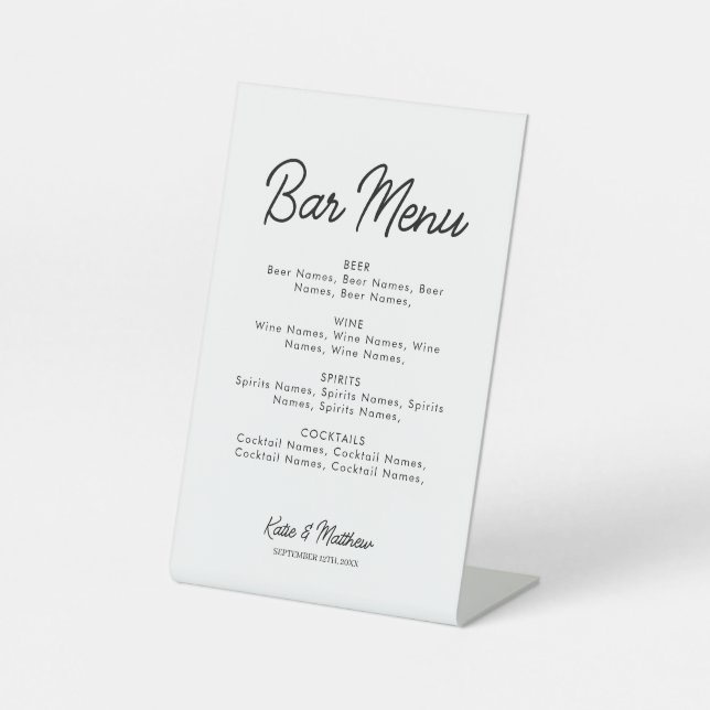 Bar Menu Alcohol Drinks Wedding Minimalist Pedestal Sign (Front)