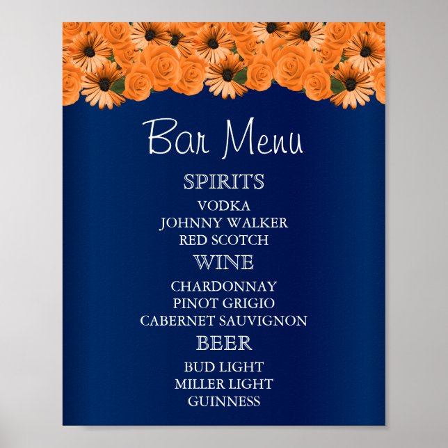 Bar Menu - Beautiful Orange Rose and Navy Blue Poster (Front)