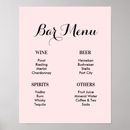 Bar Menu Blush Pink Wedding Drinks  Poster