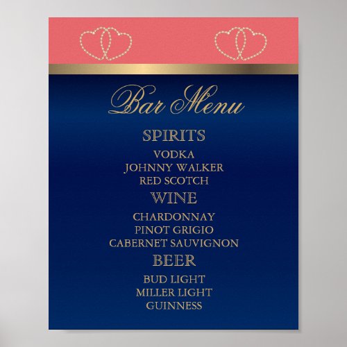 Bar Menu _ Coral and Navy Blue with Gold Hearts Poster