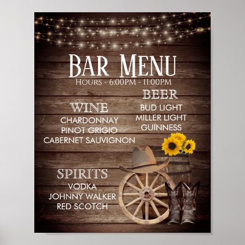 Bar Menu _ Country Wood Barrel Wedding Poster