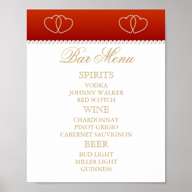 Bar Menu - Deep Red and White with Gold Hearts Poster (Front)
