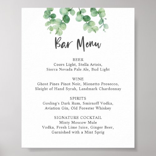 Bar Menu Eucalyptus Wedding Botanical Greenery Poster