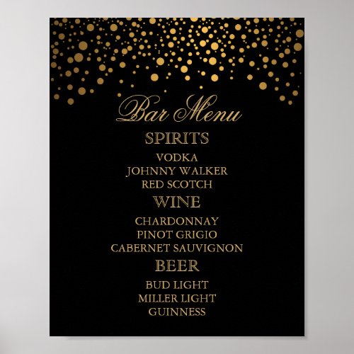 Bar Menu _ Gold Confetti Dots on Black Poster