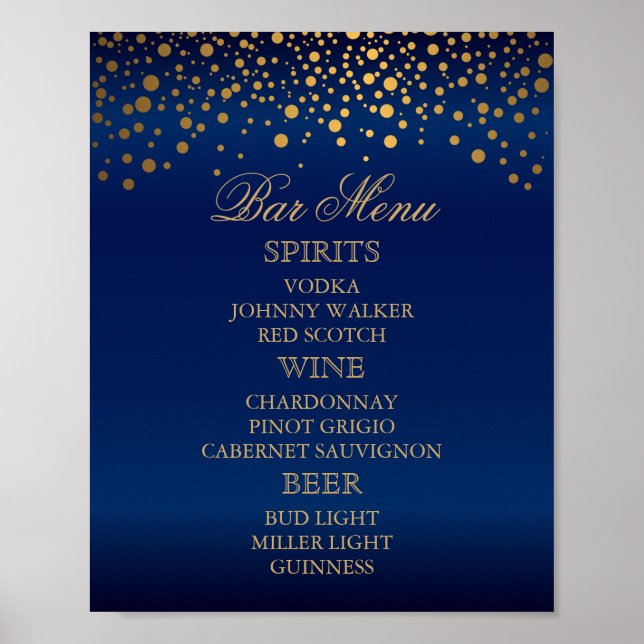 Bar Menu - Gold Confetti Dots on Navy Blue Poster (Front)