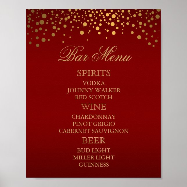 Bar Menu - Gold Confetti Maroon Poster (Front)