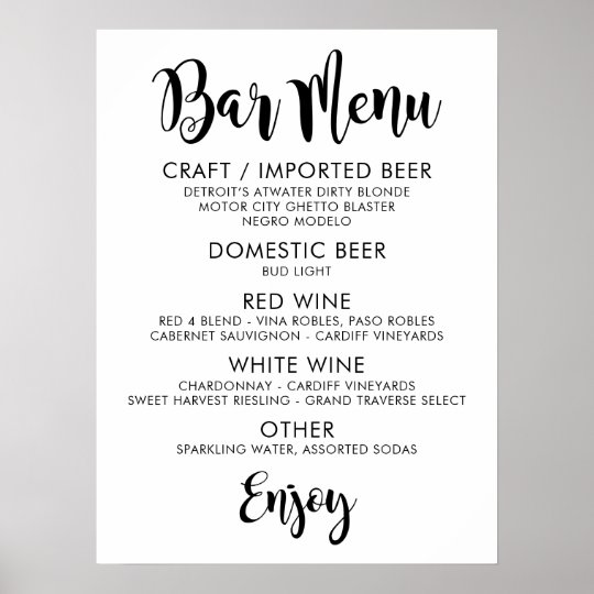 Bar Menu Modern Black Handwritten Script Wedding Poster | Zazzle.com