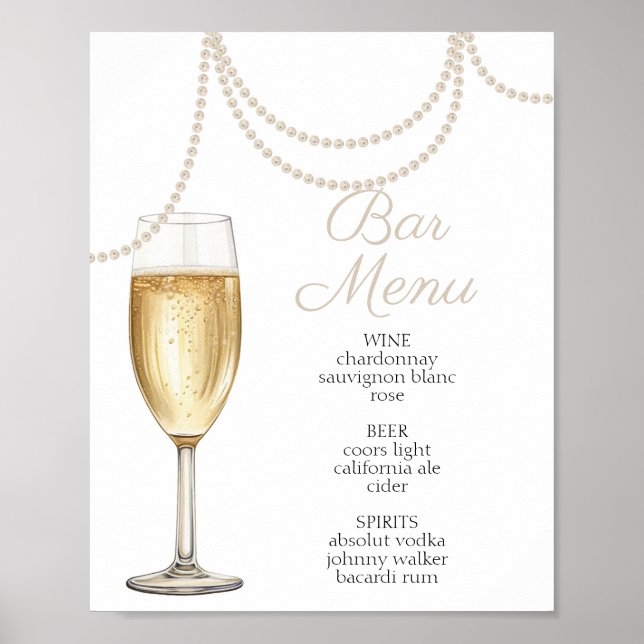 Bar Menu Pearls and prosecco bridal shower Poster (Front)