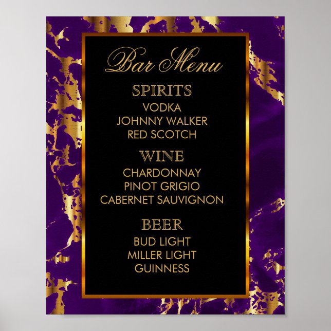 Bar Menu -  Purple and Gold Marble and Black Poster (Front)