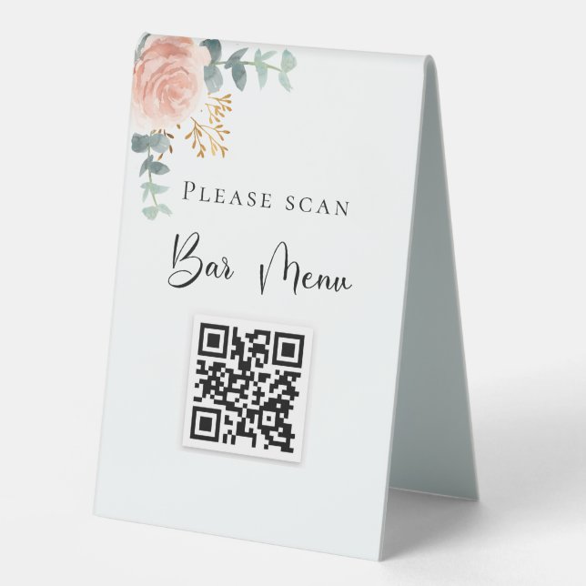 Bar menu QR code blush floral eucalyptus Table Tent (Front)