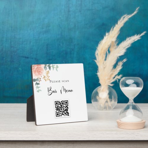 Bar menu QR code blush floral greenery Plaque