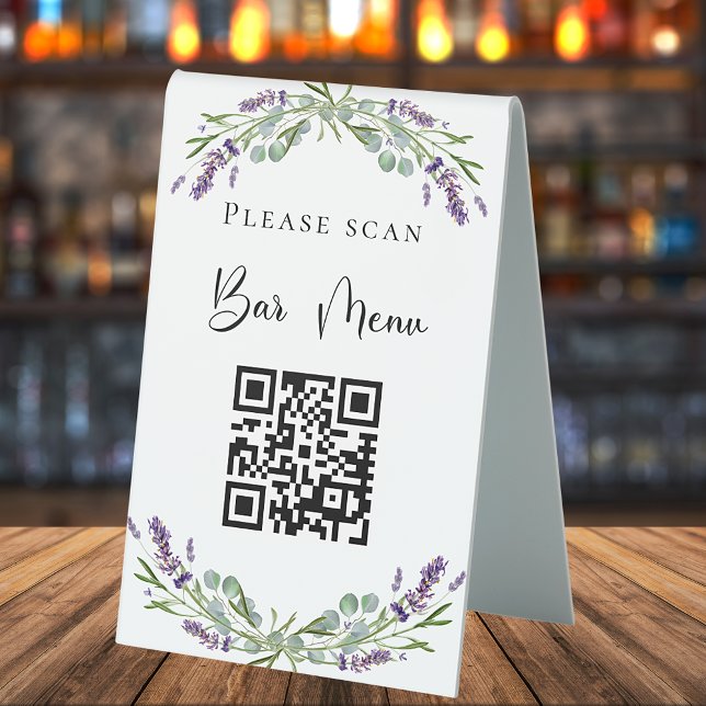 Bar menu QR code lavender florals eucalyptus Table Tent (Creator Uploaded)