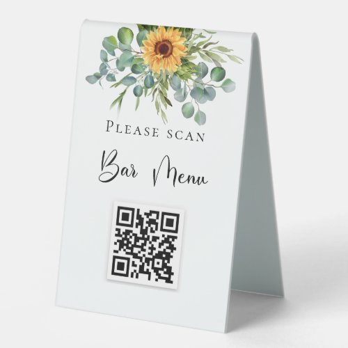 Bar menu QR code sunflowers eucalyptus greenery Table Tent Sign