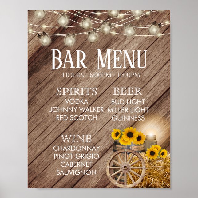 Bar Menu - Rustic Wood Barrel & Sunflowers Poster (Front)