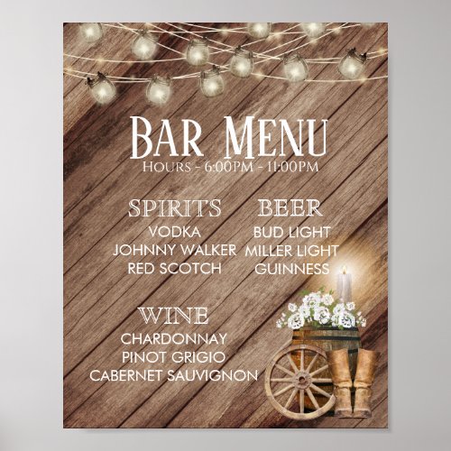 Bar Menu _ Rustic Wood Barrel Wedding Poster