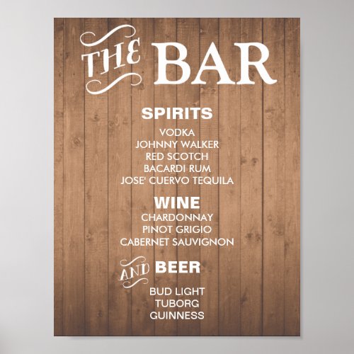 BAR MENU sign for wedding and party reception