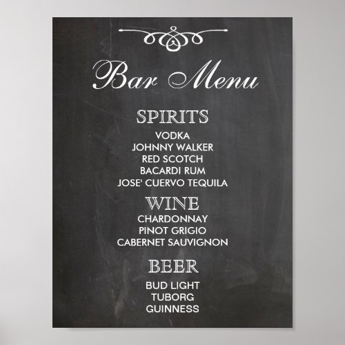 BAR MENU sign for wedding and party reception