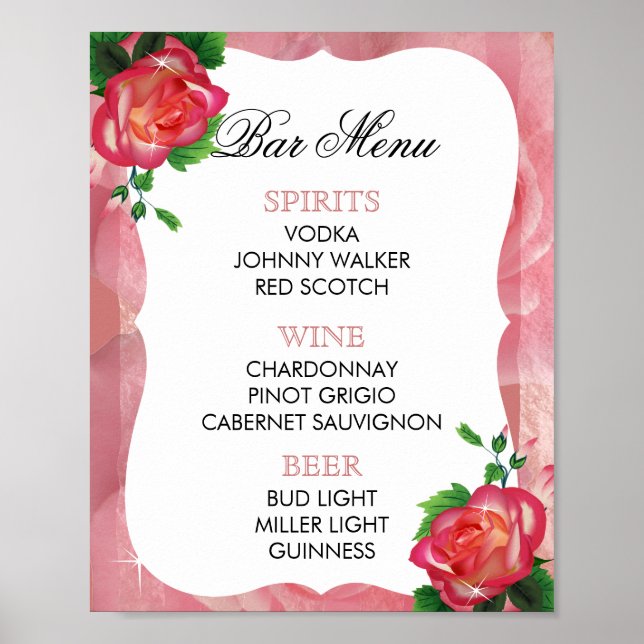 Bar Menu -  Victorian Dusty Rose Poster (Front)